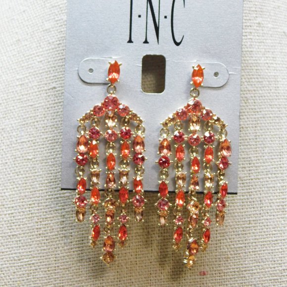 Inc Gold Tone Peach, Dark Coral Rhinestone Chandlier Earrings - NWT - Picture 1 of 4